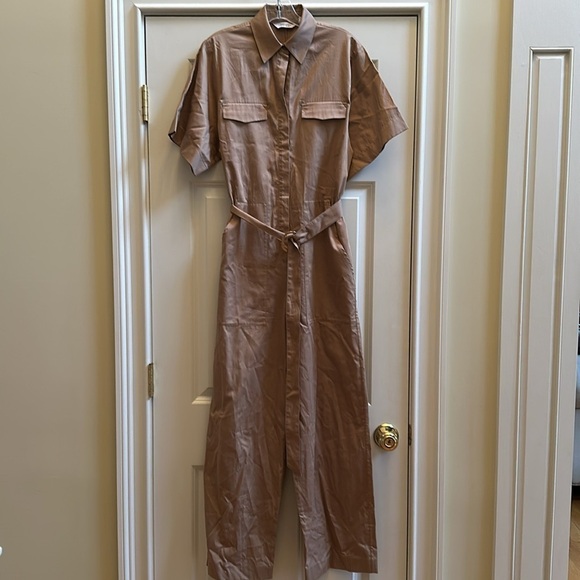& Other Stories Workwear Boilersuit Tie Waist Straight Leg Jumpsuit Beige Sz4 - Picture 5 of 11